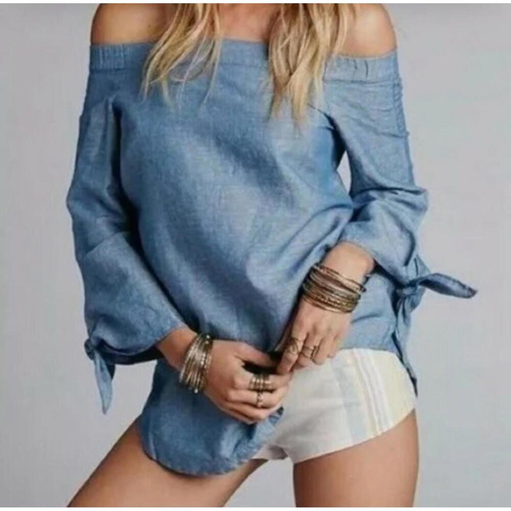 Free People Show Me Some‎ Shoulder Chambray Shirt Top w/Sleeve Ties XSmall New